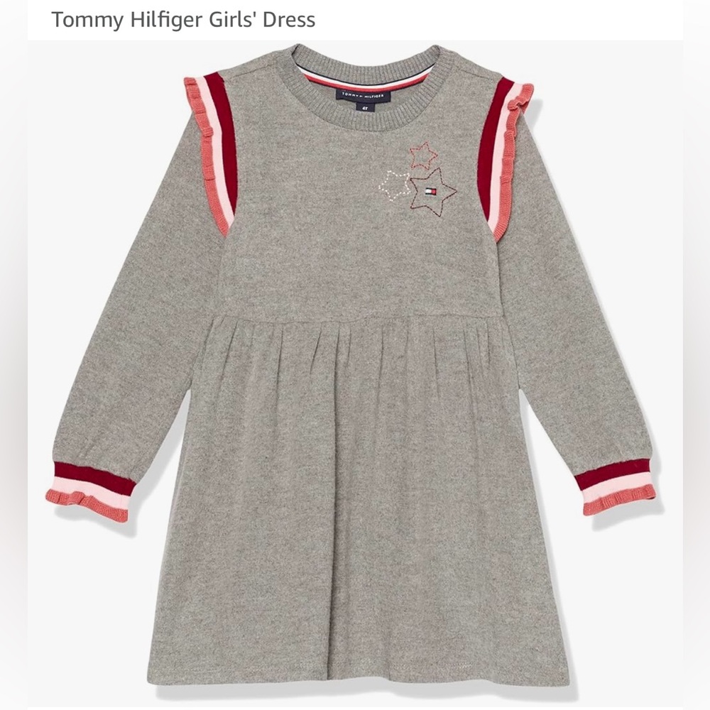 Tommy Hilfiger grey long sleeve girls’ dress w/ pink ruffles trimmings/ Size: 3T